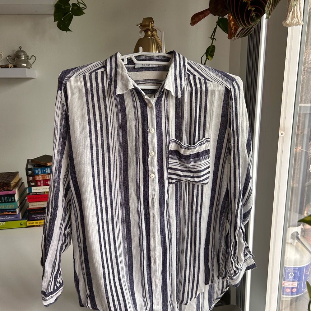 Dex Navy and White Striped Button Down Shirt